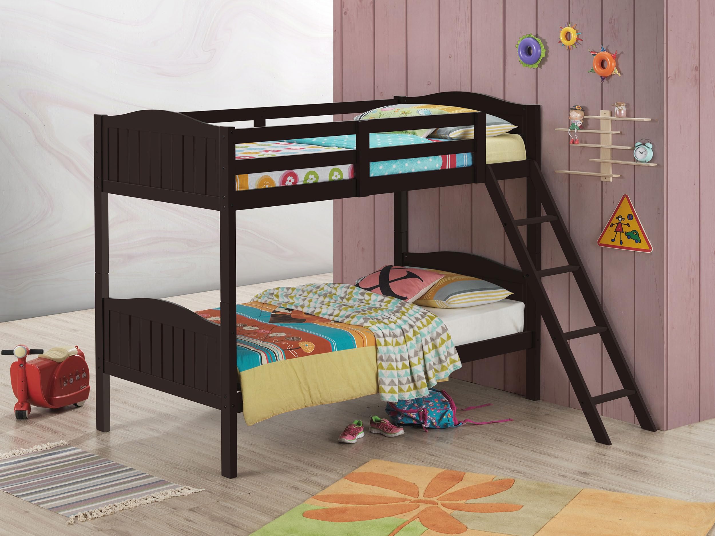 Coaster Home Furnishings Arlo Transitional Wood Twin Over Twin Size Bunk Bed Frame with Ladder and Guardrails Fully Slatted Mattress Ready Foundation Espresso 405053BRN